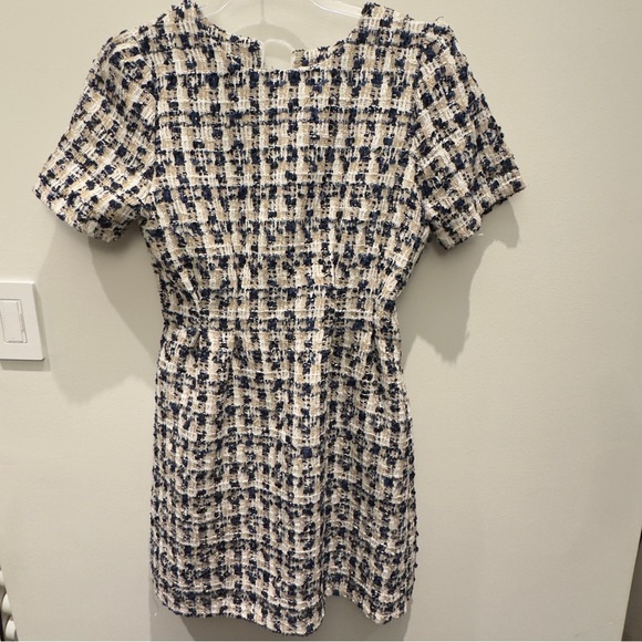 J.ING Tweed Dress in Blue and Cream Puff Sleeves Size S/M - Picture 1 of 7